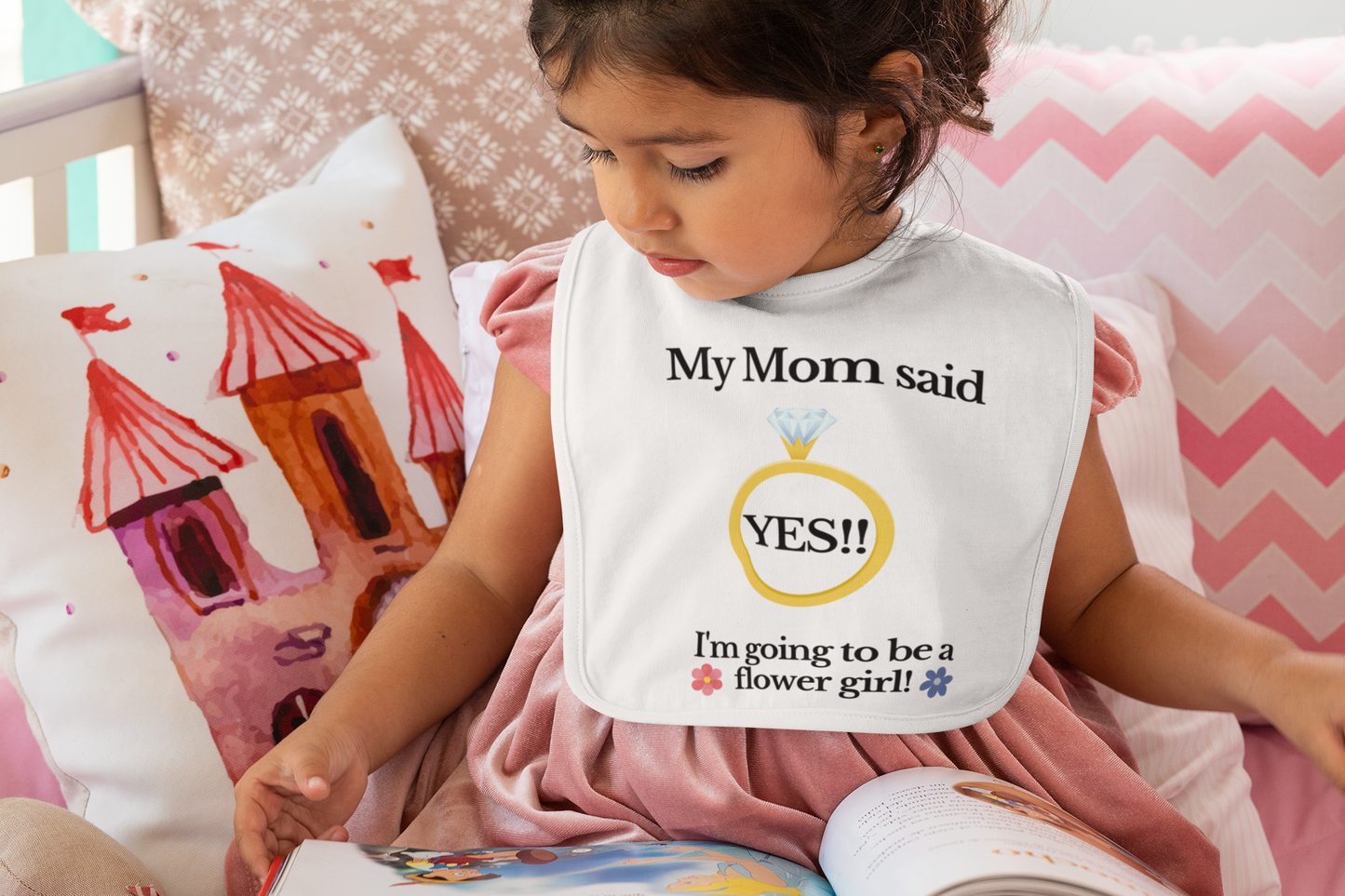 yes mom flower girl white Black Font Baby Bib