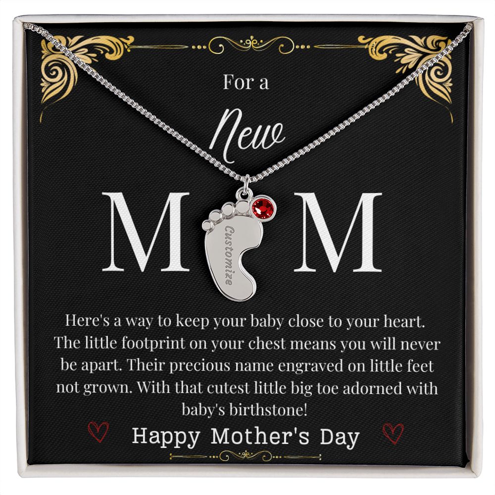 Engraved Baby Feet with Birthstone Necklace - New Mom