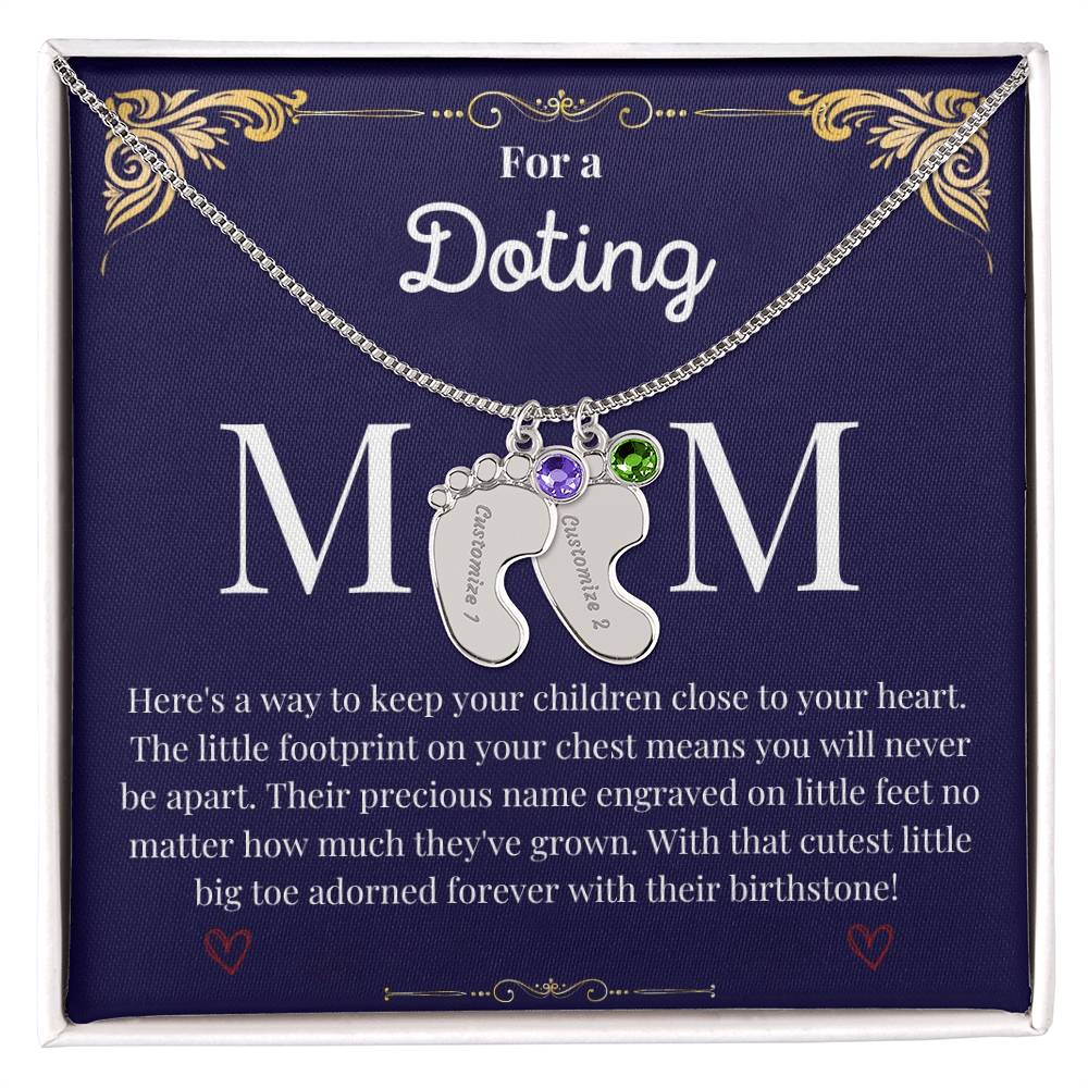 Engraved Baby Foot with Birthstone Necklace - Doting Mom