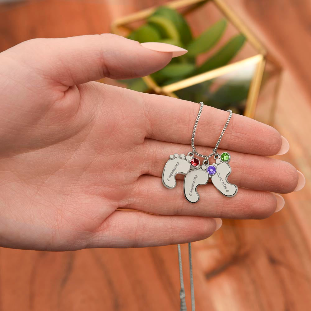 Engraved Baby Feet with Birthstone Necklace - New Mom