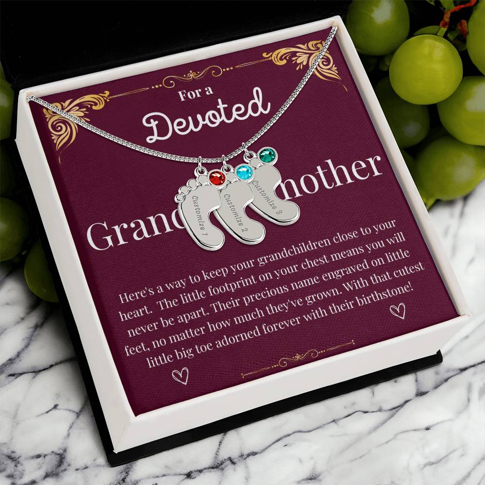 Engraved Baby foot with Birthstone Necklace - Devoted Grandmother