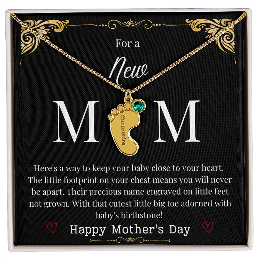Engraved Baby Feet with Birthstone Necklace - New Mom