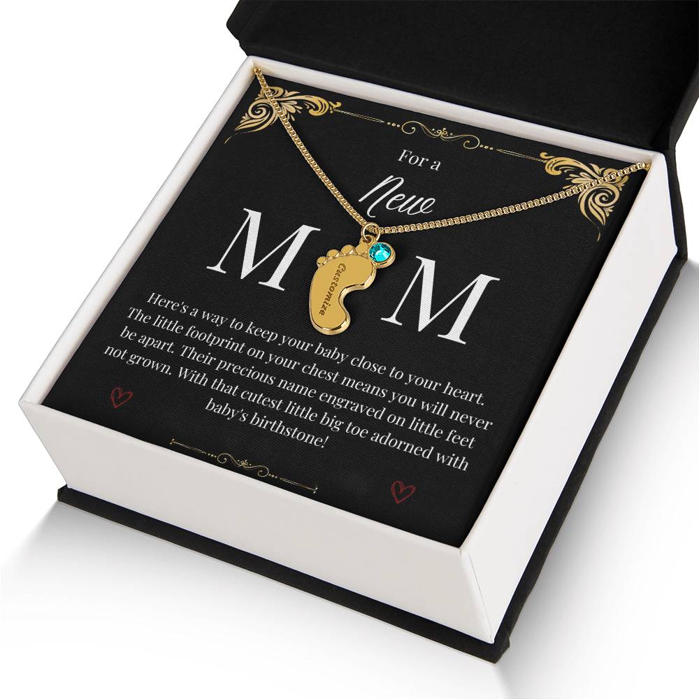 Engraved Baby Foot with Birthstone Necklace - New Mom