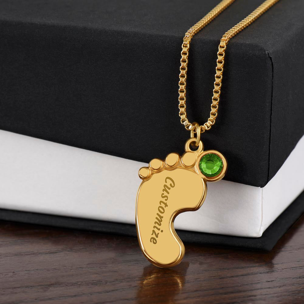 Engraved Baby Foot with Birthstone Necklace - New Mom