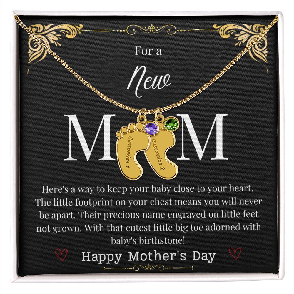 Engraved Baby Feet with Birthstone Necklace - New Mom