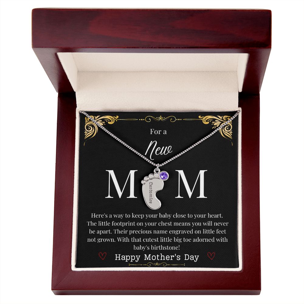 Engraved Baby Feet with Birthstone Necklace - New Mom