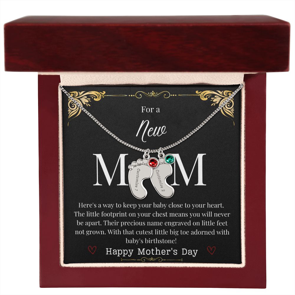 Engraved Baby Feet with Birthstone Necklace - New Mom