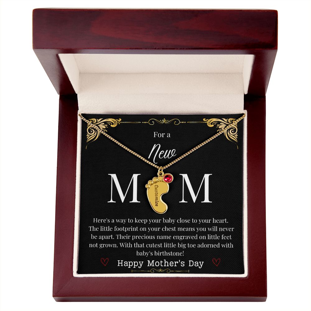 Engraved Baby Feet with Birthstone Necklace - New Mom