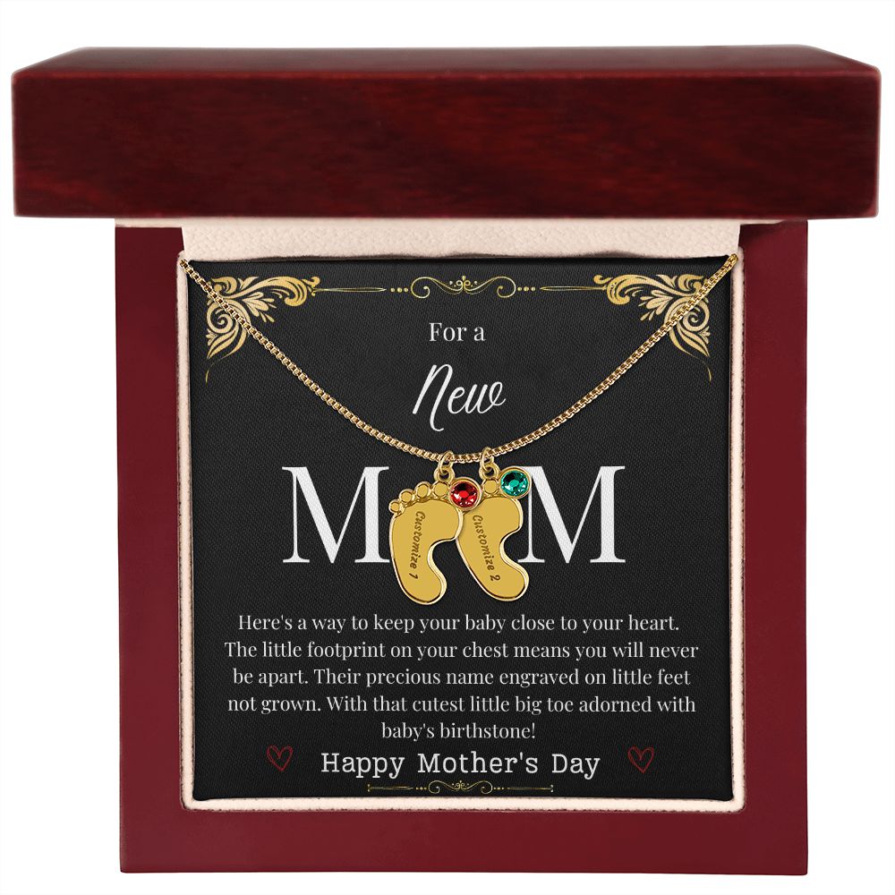 Engraved Baby Feet with Birthstone Necklace - New Mom