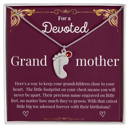 Engraved Baby foot with Birthstone Necklace - Devoted Grandmother