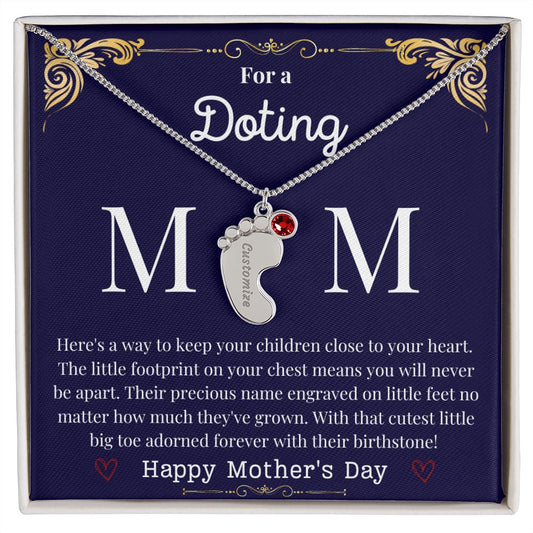 Engraved Baby Feet with Birthstone Necklace - Doting Mom