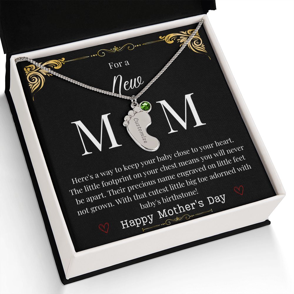 Engraved Baby Feet with Birthstone Necklace - New Mom
