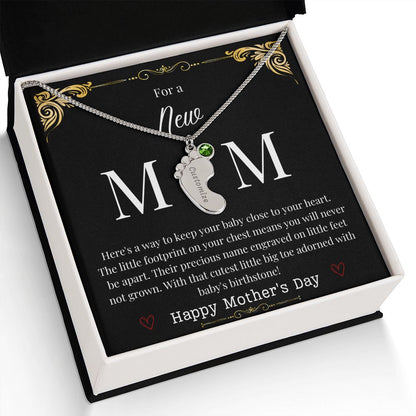 Engraved Baby Feet with Birthstone Necklace - New Mom