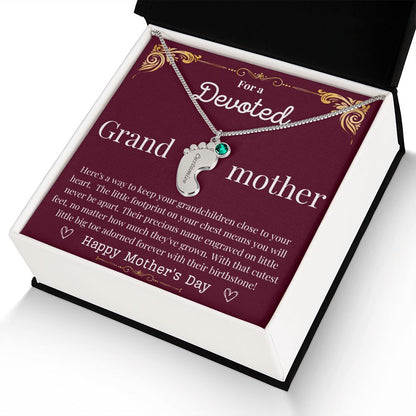 Engraved Baby Feet with Birthstone Necklace - Devoted Grandmother