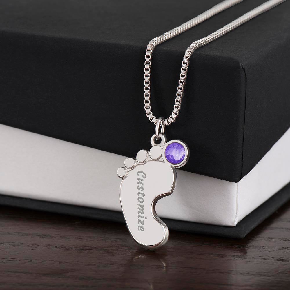 Engraved Baby foot with Birthstone Necklace - Devoted Grandmother