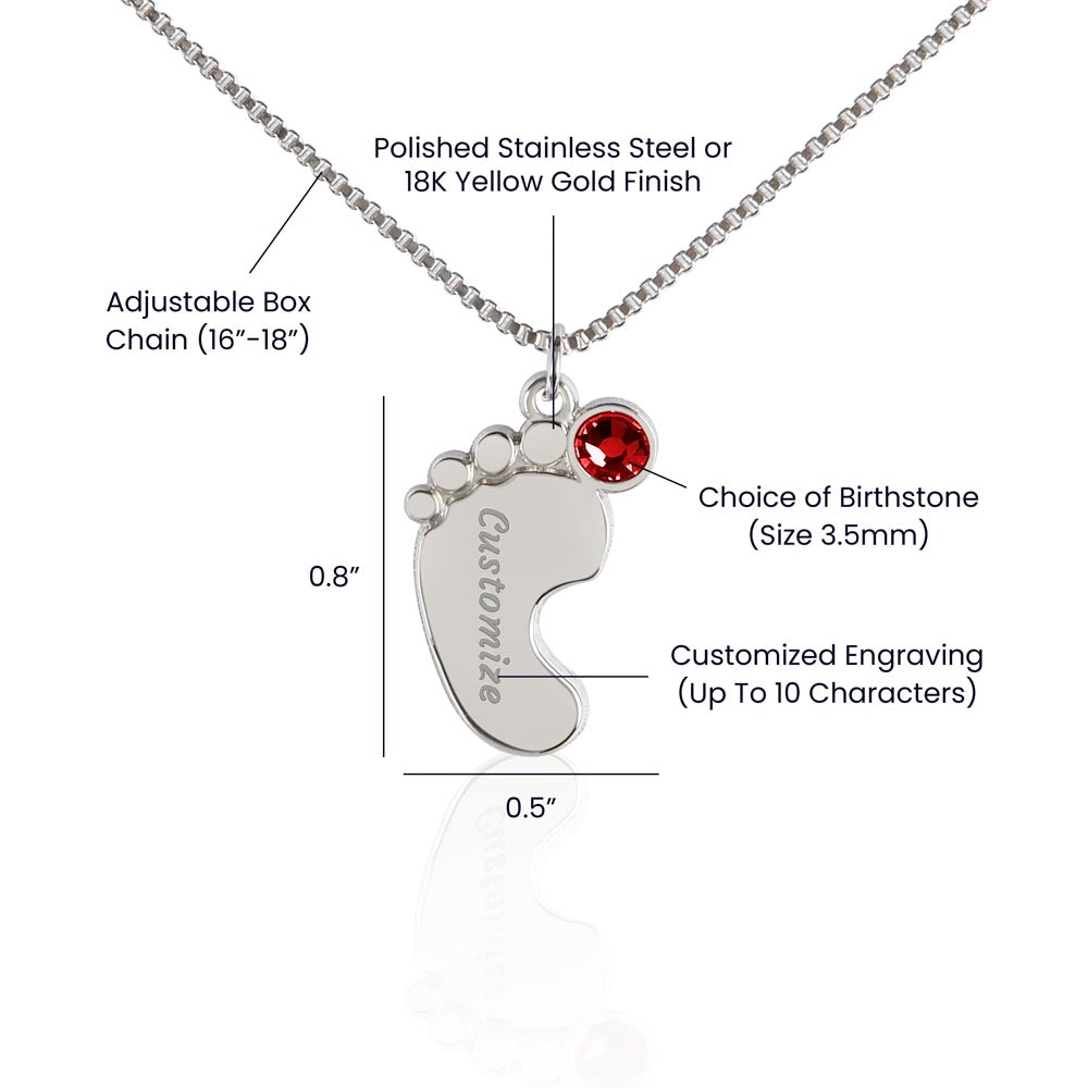 Engraved Baby Foot with Birthstone Necklace - New Mom