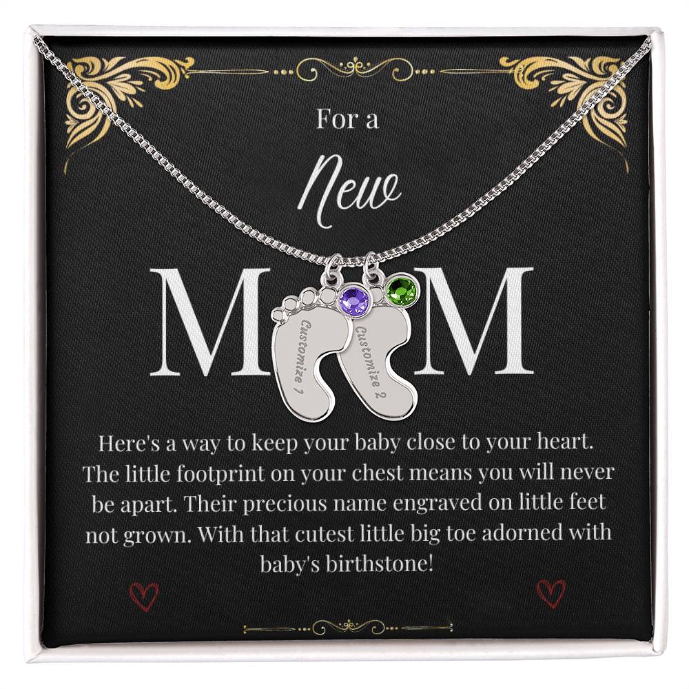 Engraved Baby Foot with Birthstone Necklace - New Mom