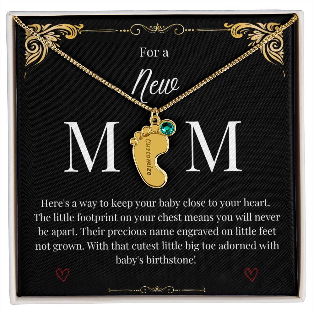 Engraved Baby Foot with Birthstone Necklace - New Mom