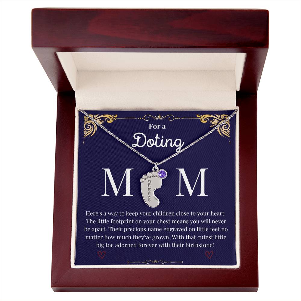 Engraved Baby Foot with Birthstone Necklace - Doting Mom
