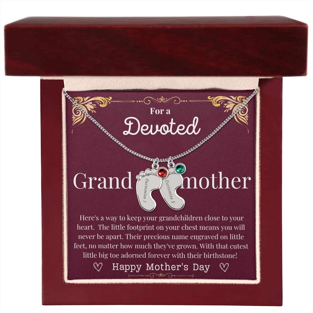 Engraved Baby Feet with Birthstone Necklace - Devoted Grandmother