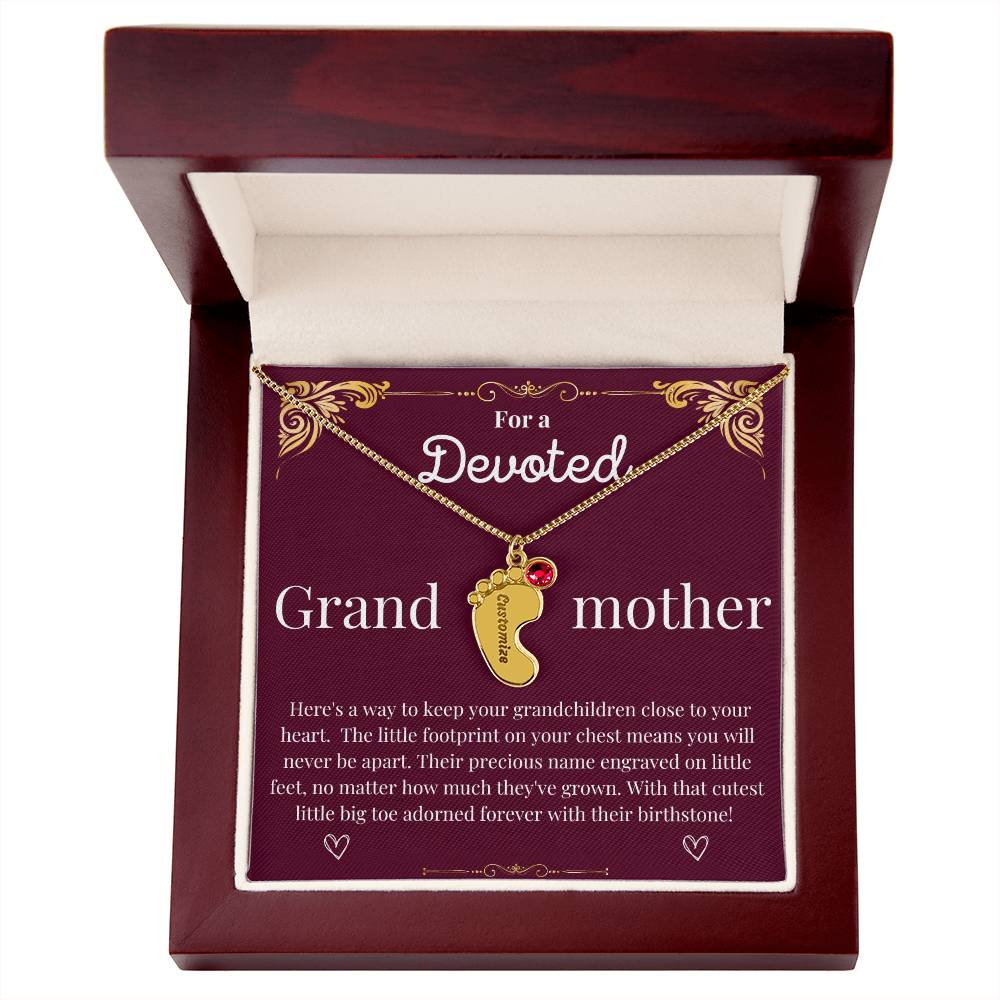 Engraved Baby foot with Birthstone Necklace - Devoted Grandmother