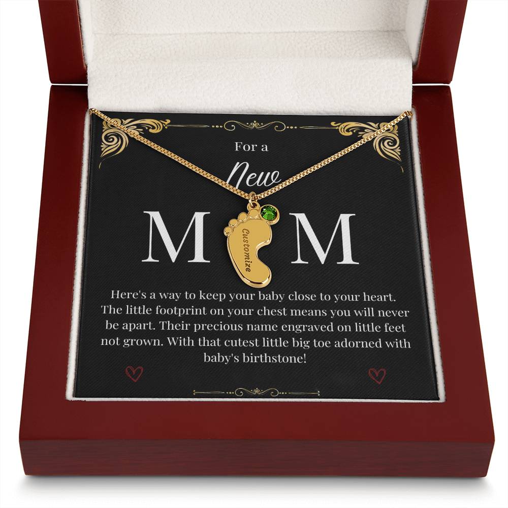 Engraved Baby Foot with Birthstone Necklace - New Mom
