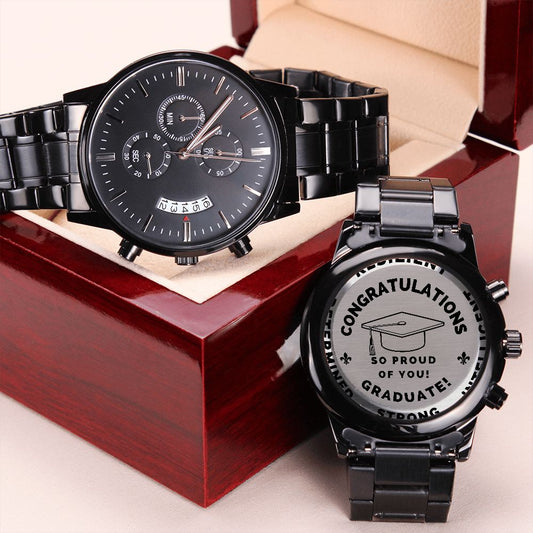 Men's Engraved black chronograph watch graduation gift