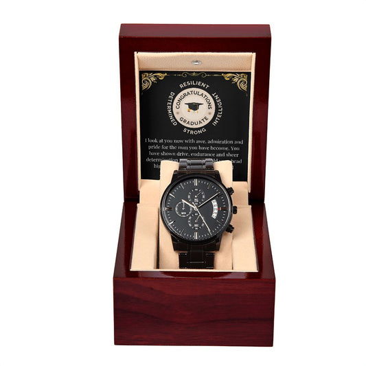 Men's Black Chronograph Watch Gift- with Graduation Message Card